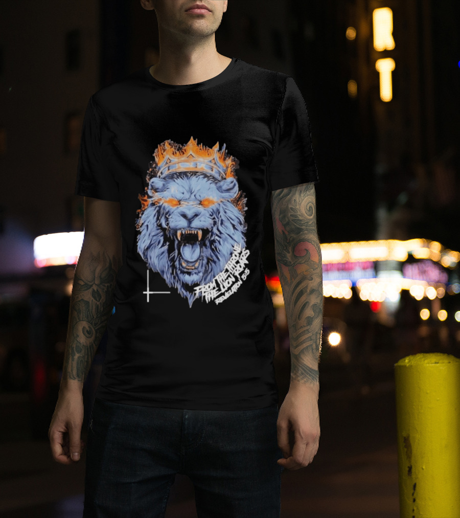 From The Throne The Lion Roars Revelation 5 5 Blue Flame Crown Lionhead T-Shirt
