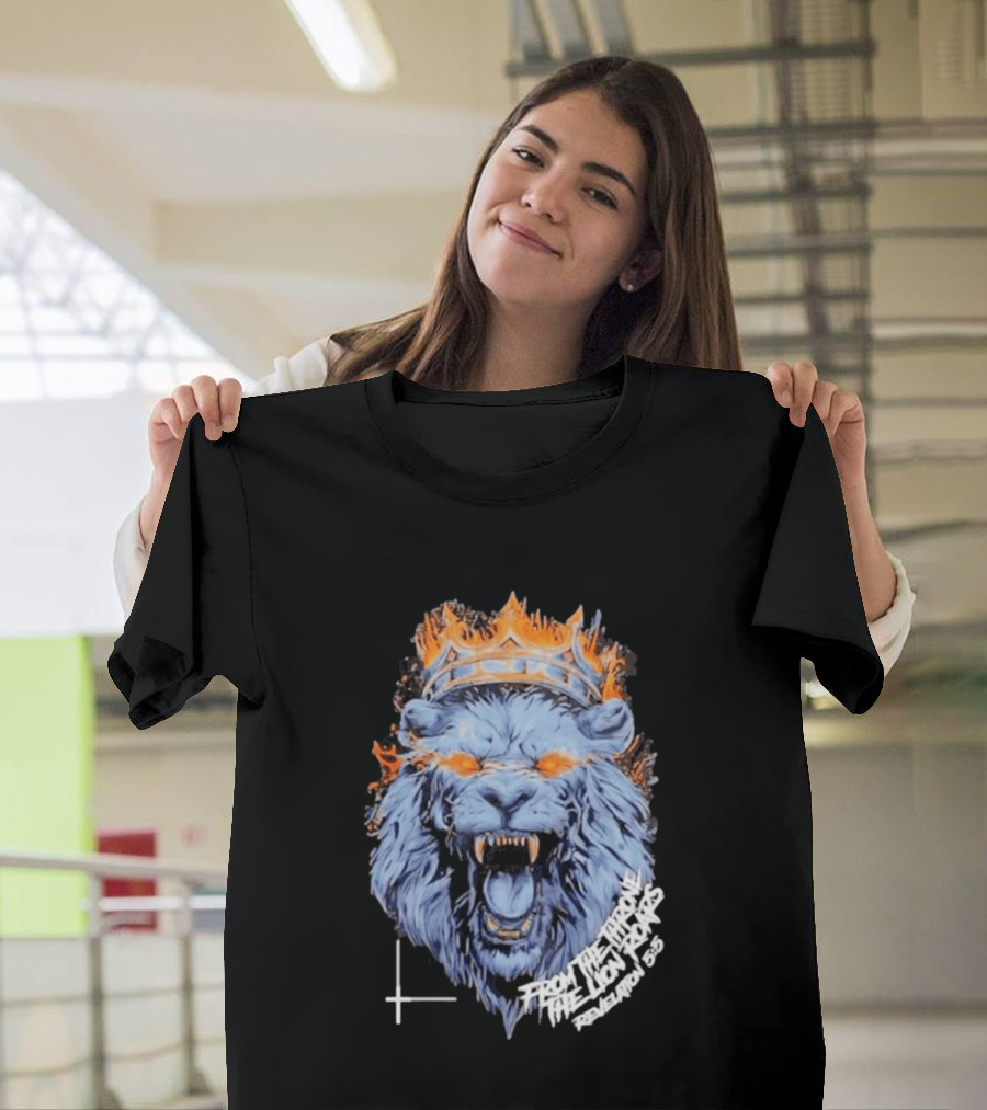 From The Throne The Lion Roars Revelation 5 5 Blue Flame Crown Lionhead T-Shirt