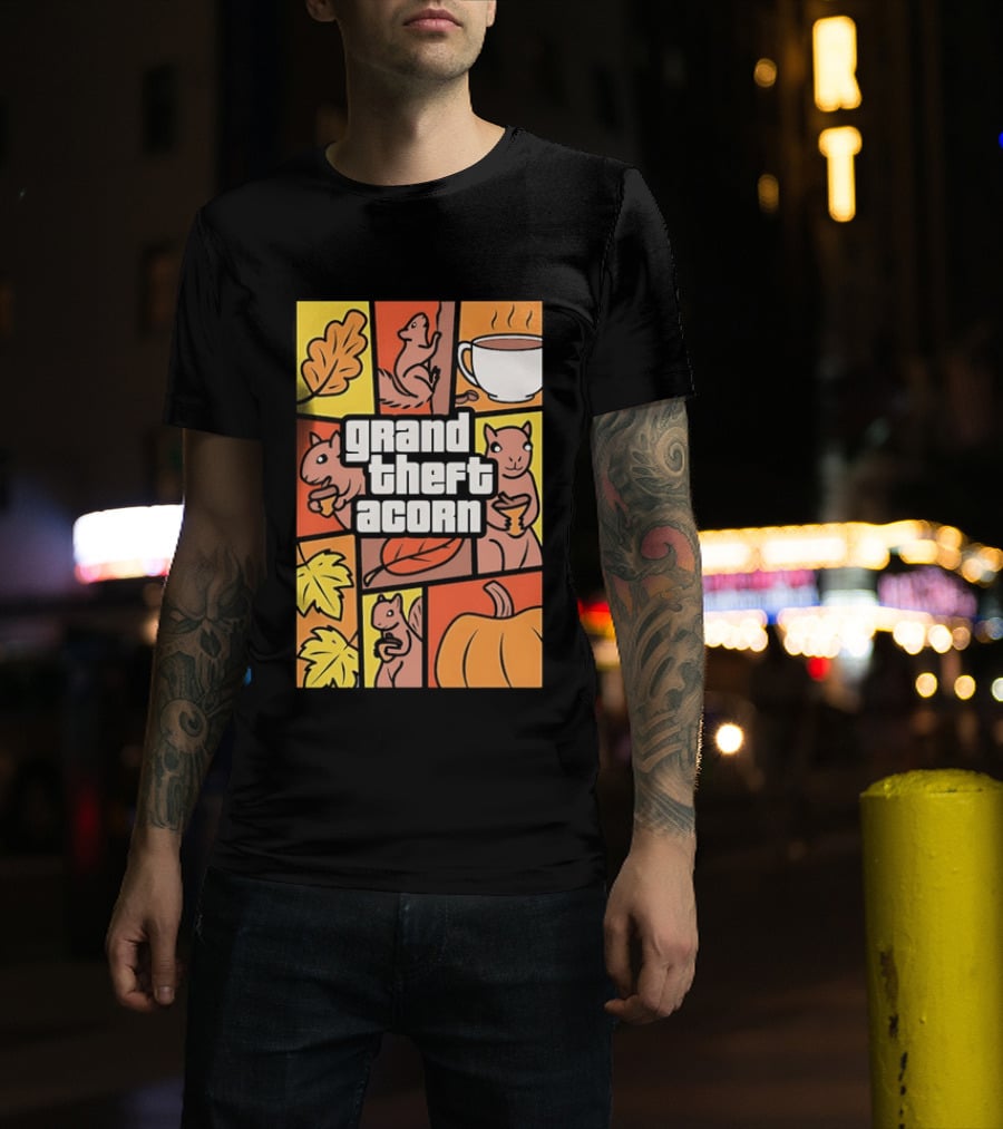 Grand Theft Acorn Autumn Squirrel Coffee Pumpkin Leaves T-Shirt