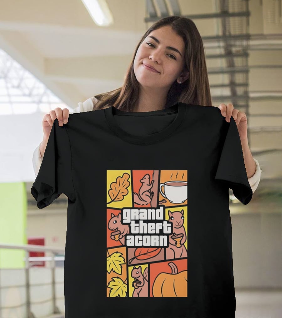 Grand Theft Acorn Autumn Squirrel Coffee Pumpkin Leaves T-Shirt