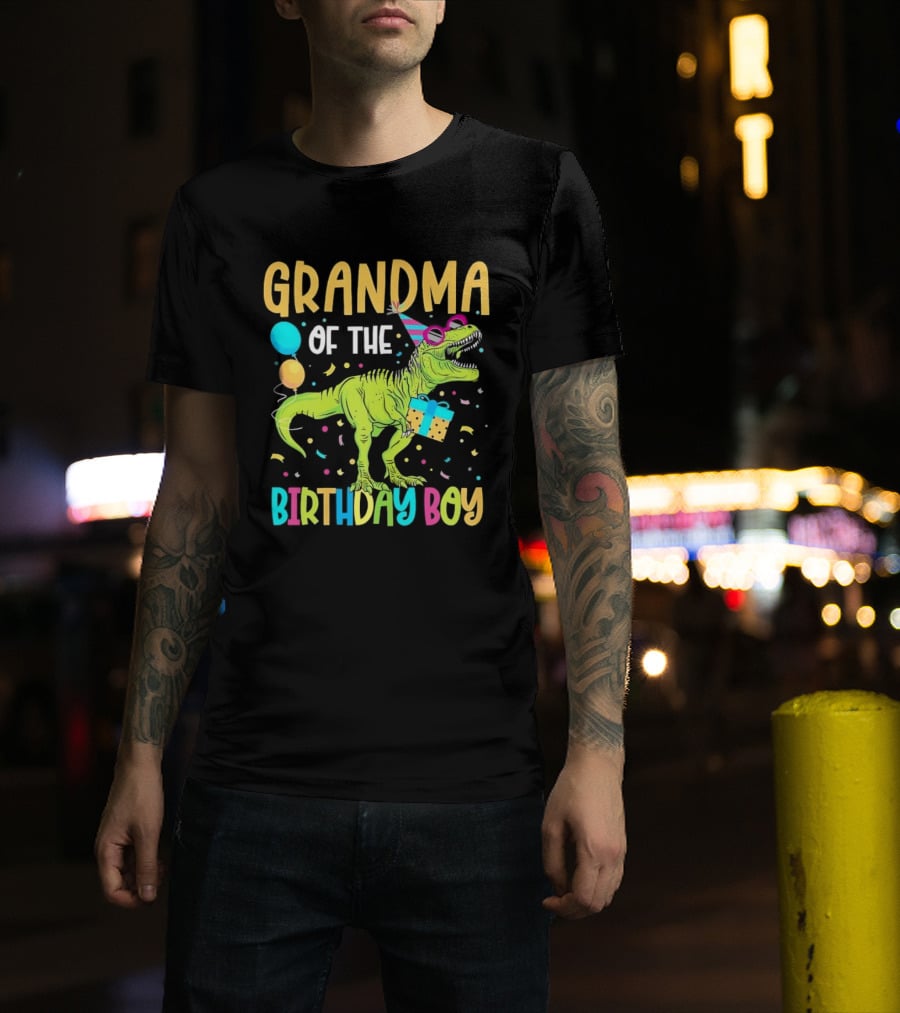 Grandma Of The Birthday Boy Dinosaur Party Balloons And Gift Celebration T-Shirt