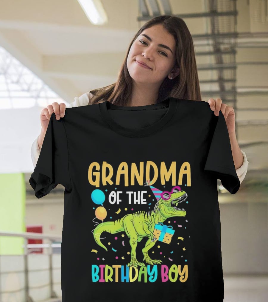 Grandma Of The Birthday Boy Dinosaur Party Balloons And Gift Celebration T-Shirt