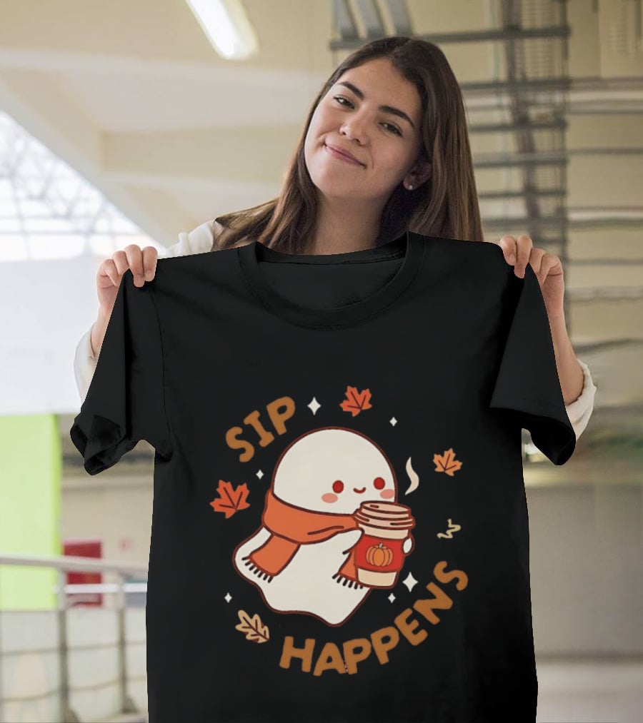 Sip Happens Ghost Pumpkin Spice Latte With Leaves And Scarf T-Shirt