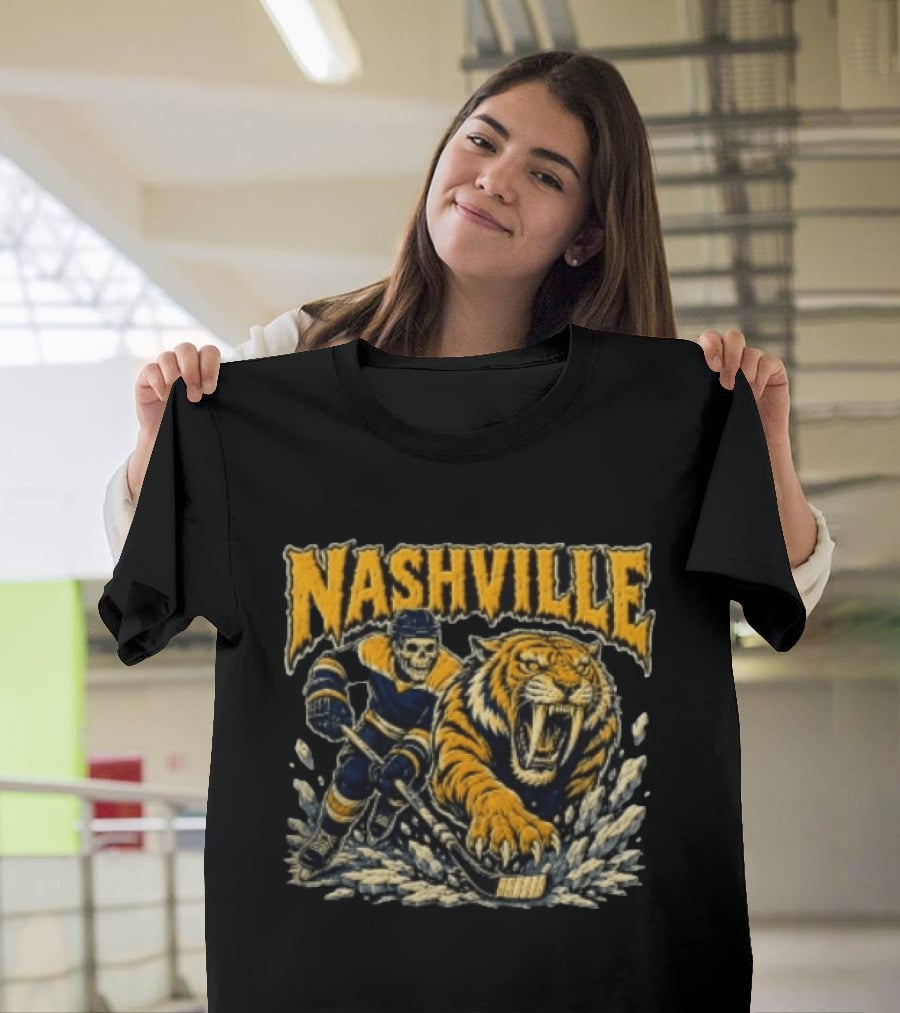 Nashville Hockey Skeleton Player With Fierce Tiger T-Shirt