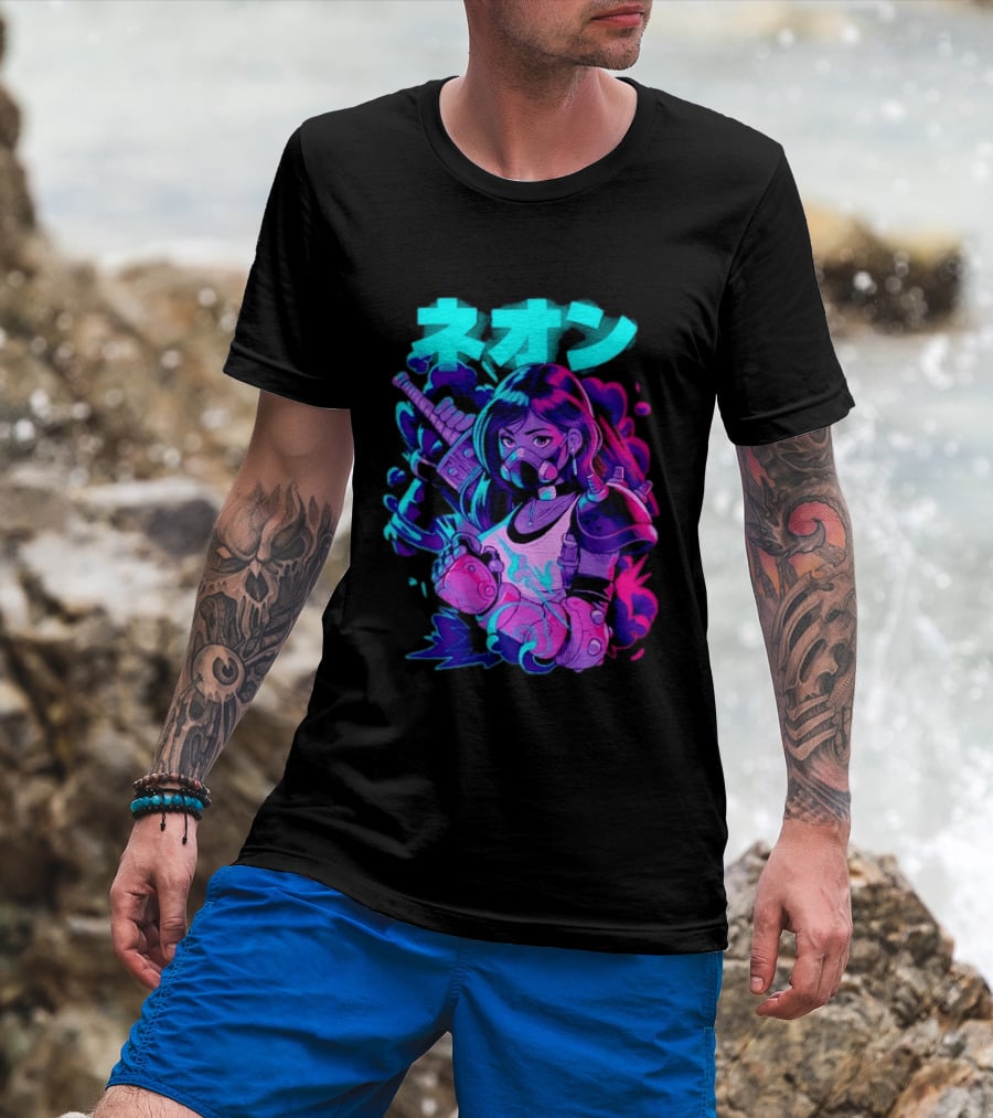 Neon Cyberpunk Anime Warrior Girl Futuristic Vaporwave Aesthetic T-Shirt