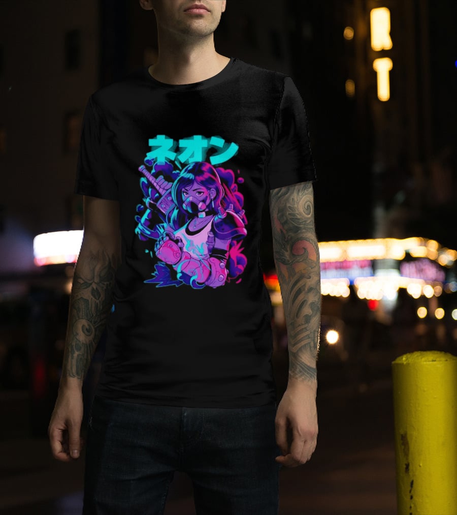 Neon Cyberpunk Anime Warrior Girl Futuristic Vaporwave Aesthetic T-Shirt