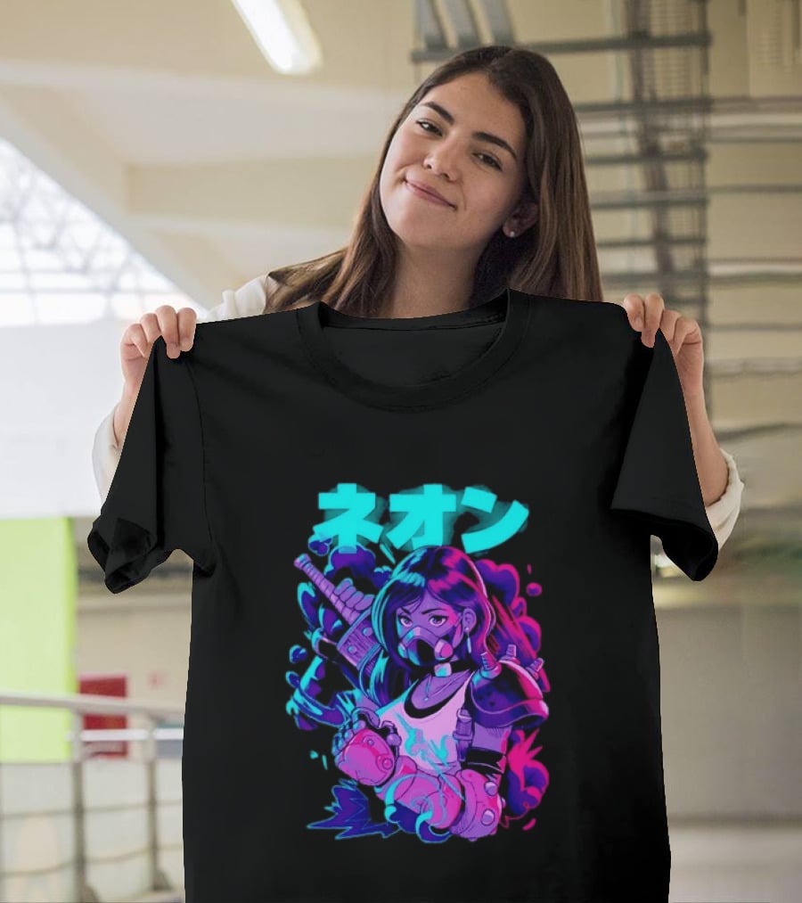 Neon Cyberpunk Anime Warrior Girl Futuristic Vaporwave Aesthetic T-Shirt