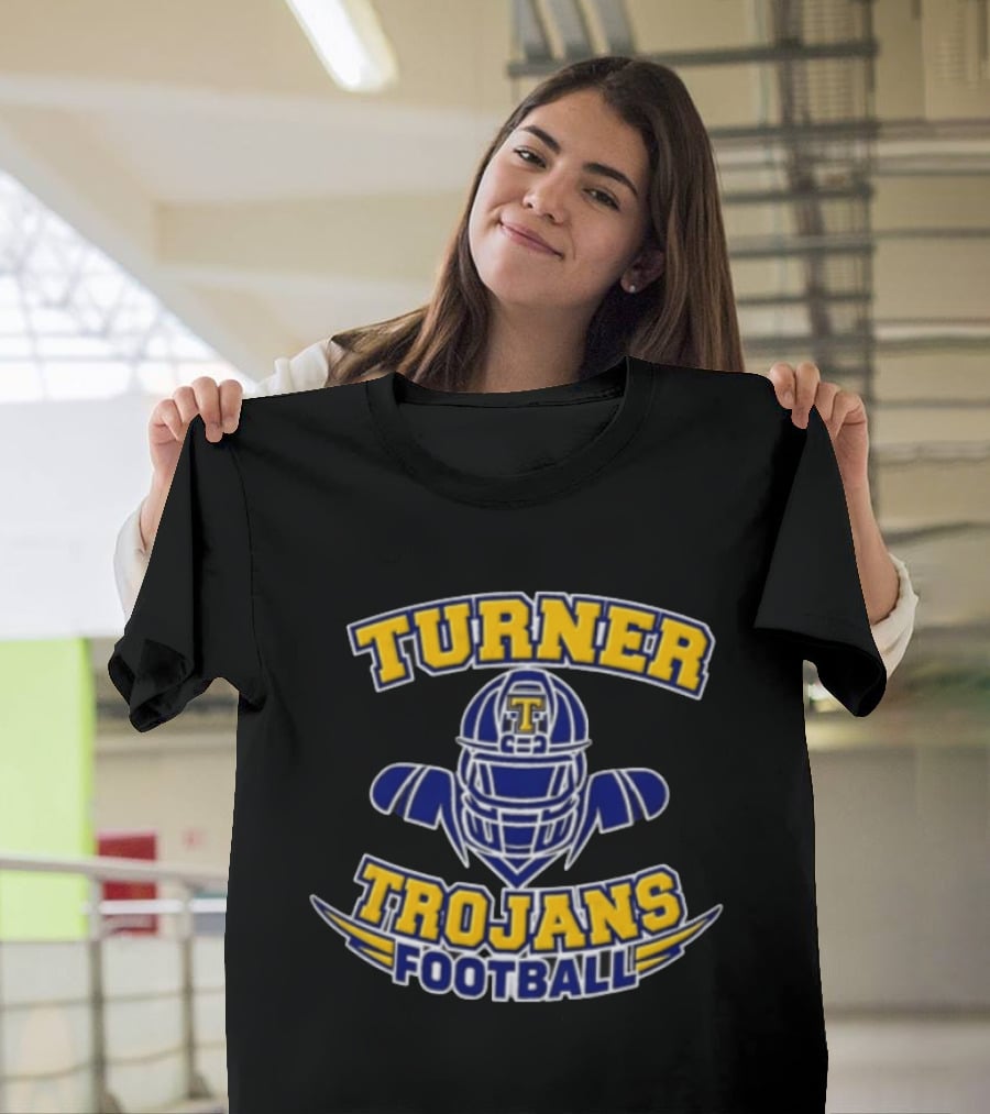 Turner Trojans Football Yellow Navy Helmet Shoulder Pads Gridiron T-Shirt