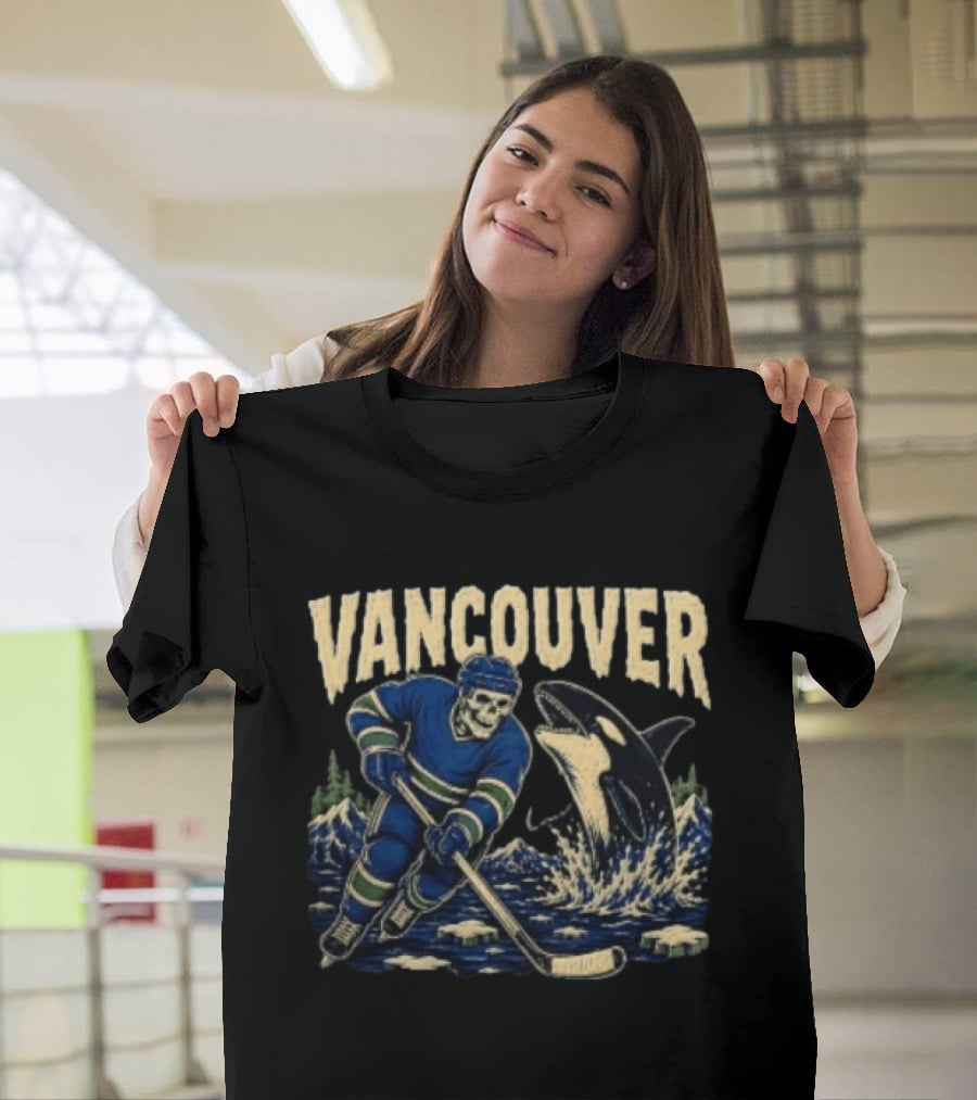 Vancouver Canucks Hockey Skeleton Player With Orca T-Shirt
