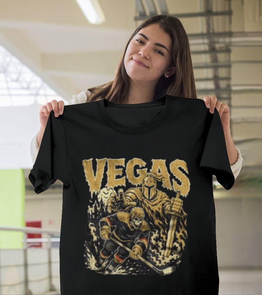 Vegas Golden Knights Skeleton Hockey Player With Knight And Sword T-Shirt