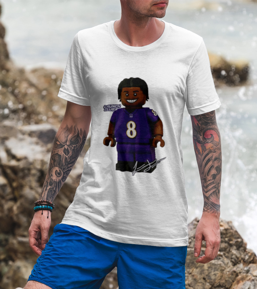 Baltimore Ravens Lamar Jackson Lego Minifigure Purple Jersey Number 8 T-Shirt