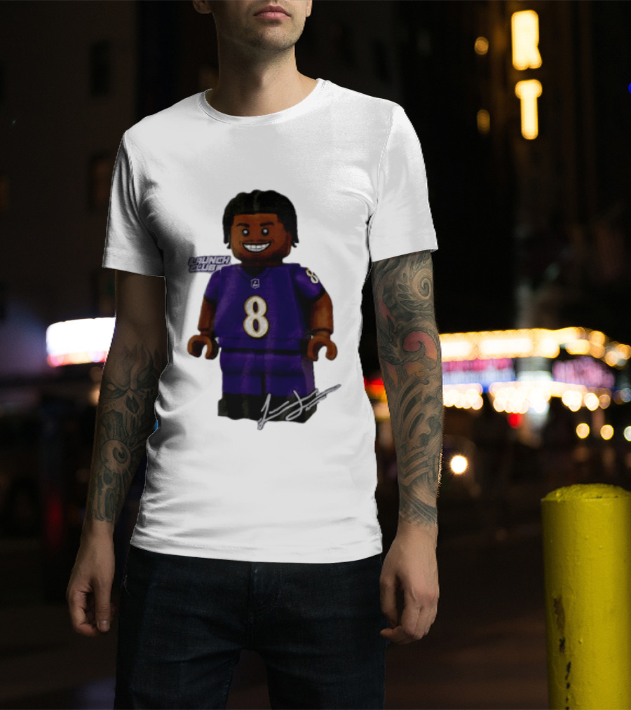 Baltimore Ravens Lamar Jackson Lego Minifigure Purple Jersey Number 8 T-Shirt