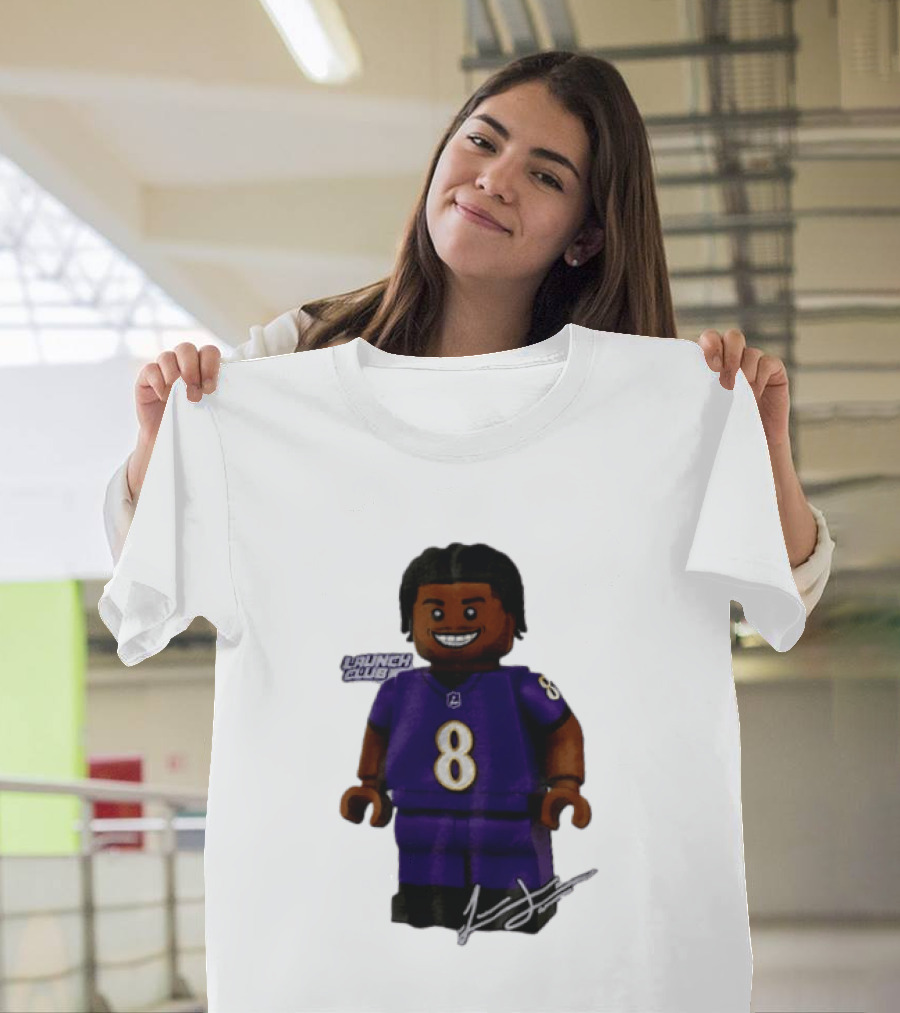 Baltimore Ravens Lamar Jackson Lego Minifigure Purple Jersey Number 8 T-Shirt