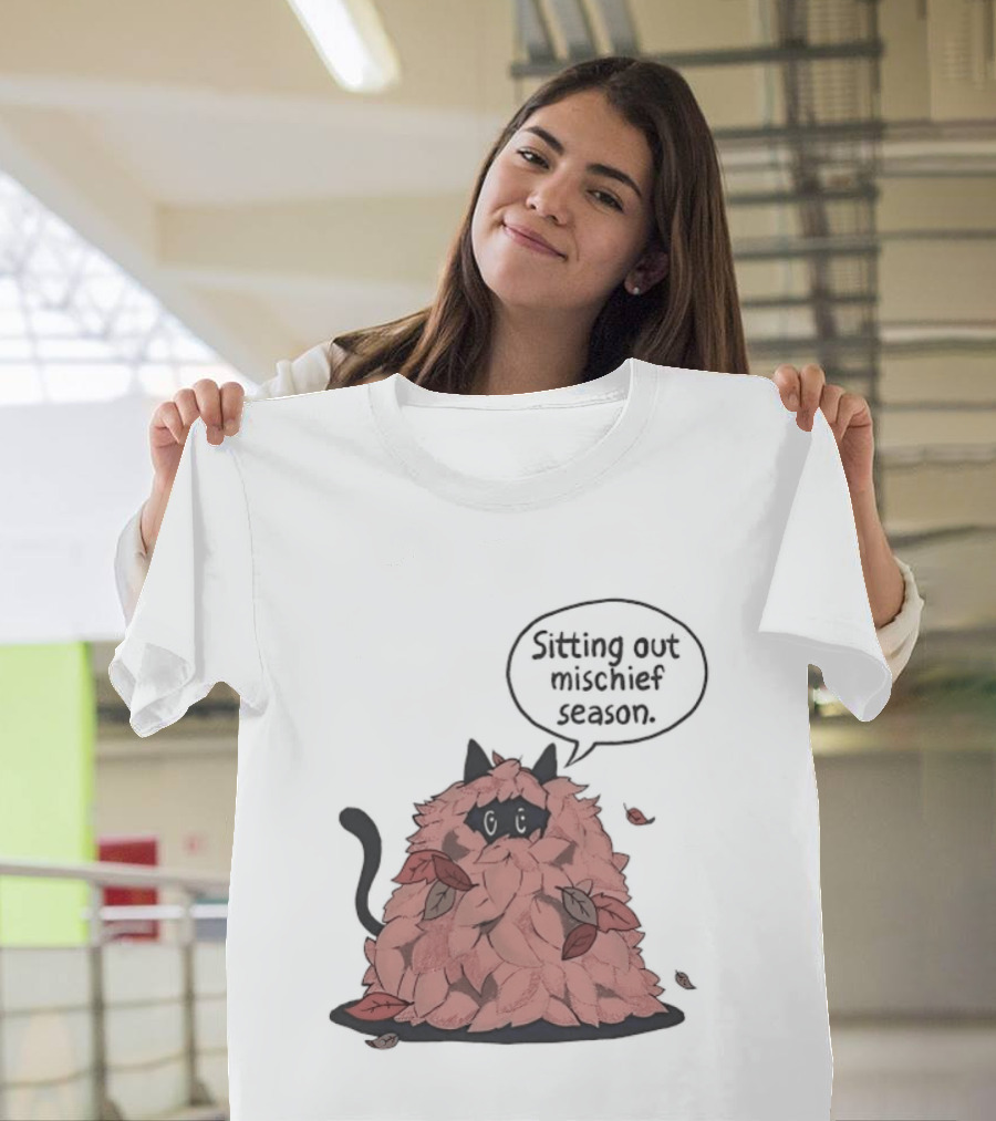 Sitting Out Mischief Season Cat Autumn Leaves T-Shirt