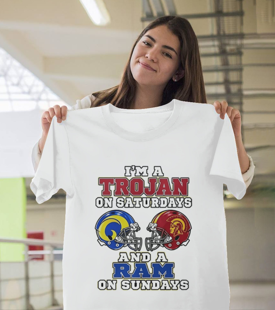 Trojan On Saturdays USC And Ram On Sundays Football Fan Helmet T-Shirt