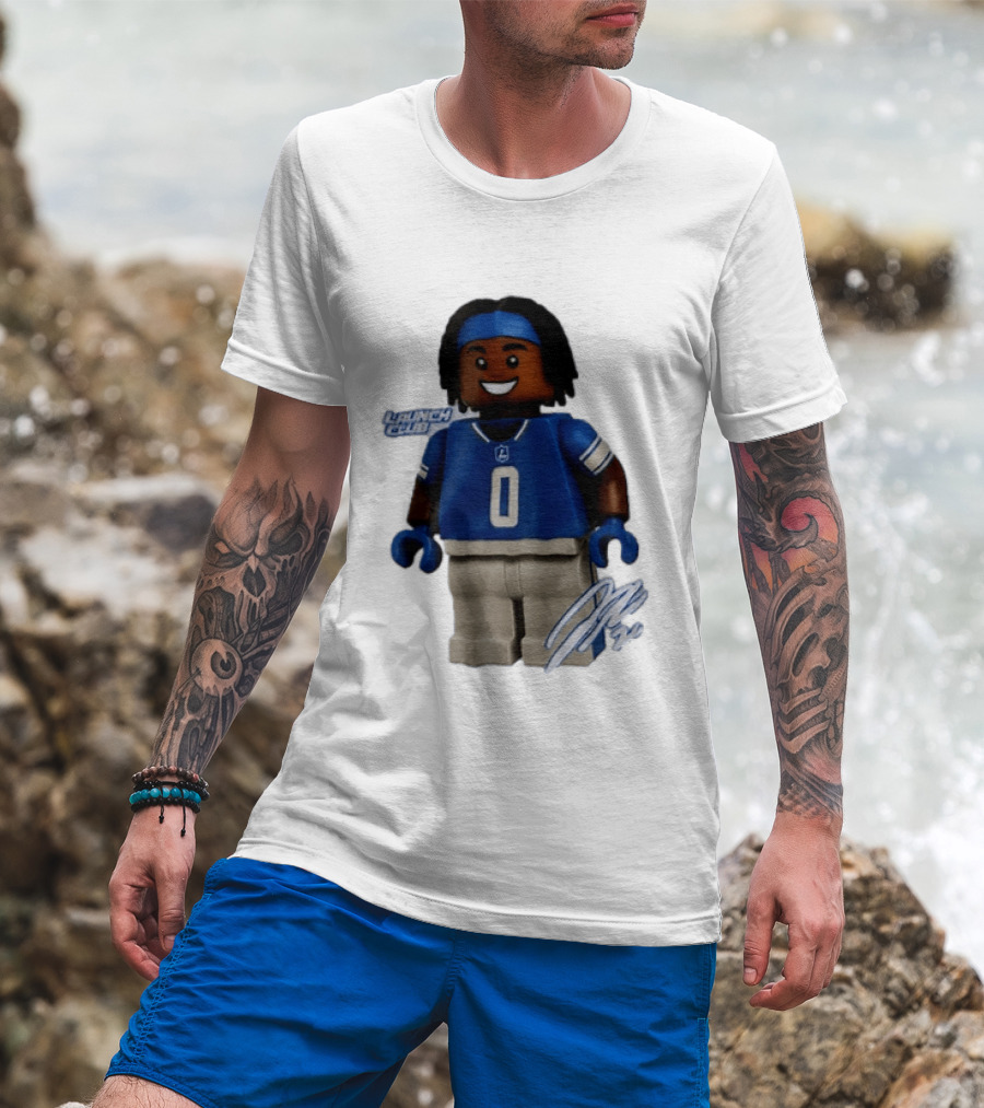 Detroit Lions Jahmyr Gibbs Lego Minifigure Launch Club Football Player T-Shirt