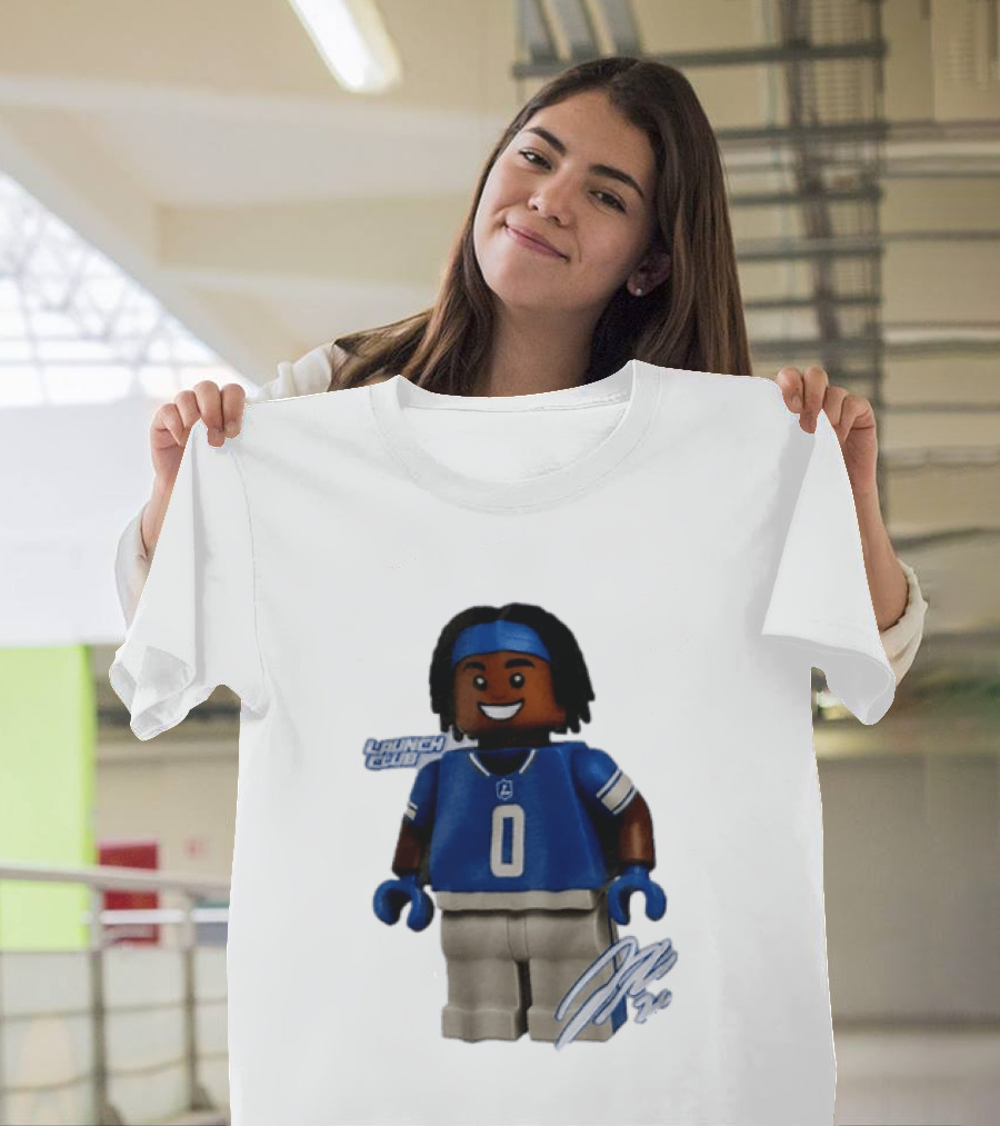 Detroit Lions Jahmyr Gibbs Lego Minifigure Launch Club Football Player T-Shirt