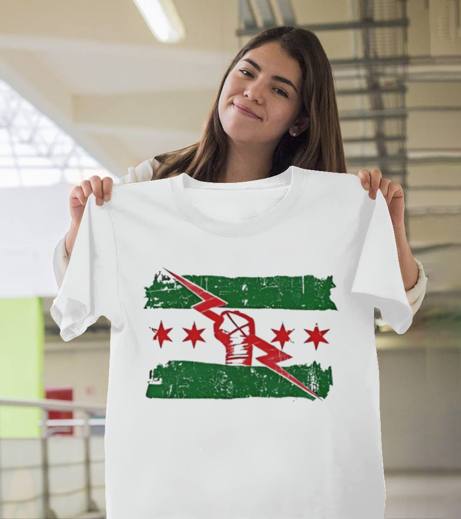 Chicago Flag Symbol Red Fist Lightning Bolt Green Distressed T-Shirt