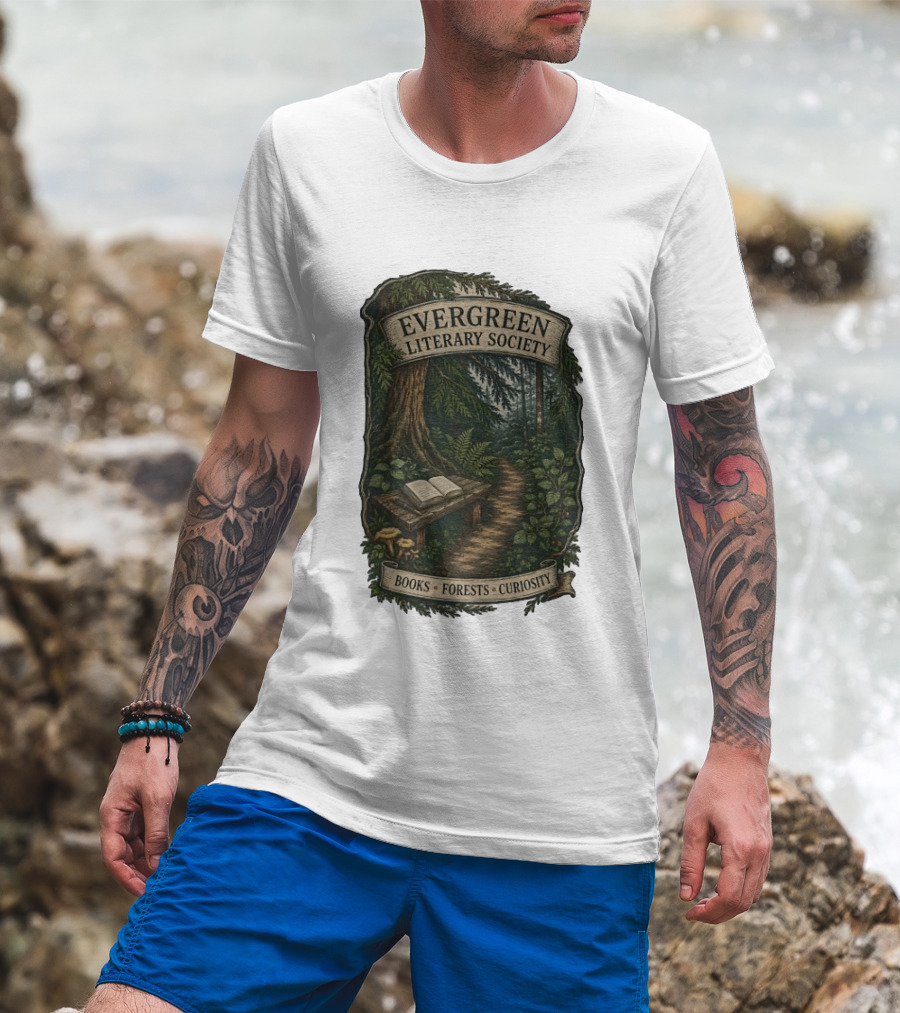 Evergreen Literary Society Books Forests Curiosity Pathway Through Trees T-Shirt