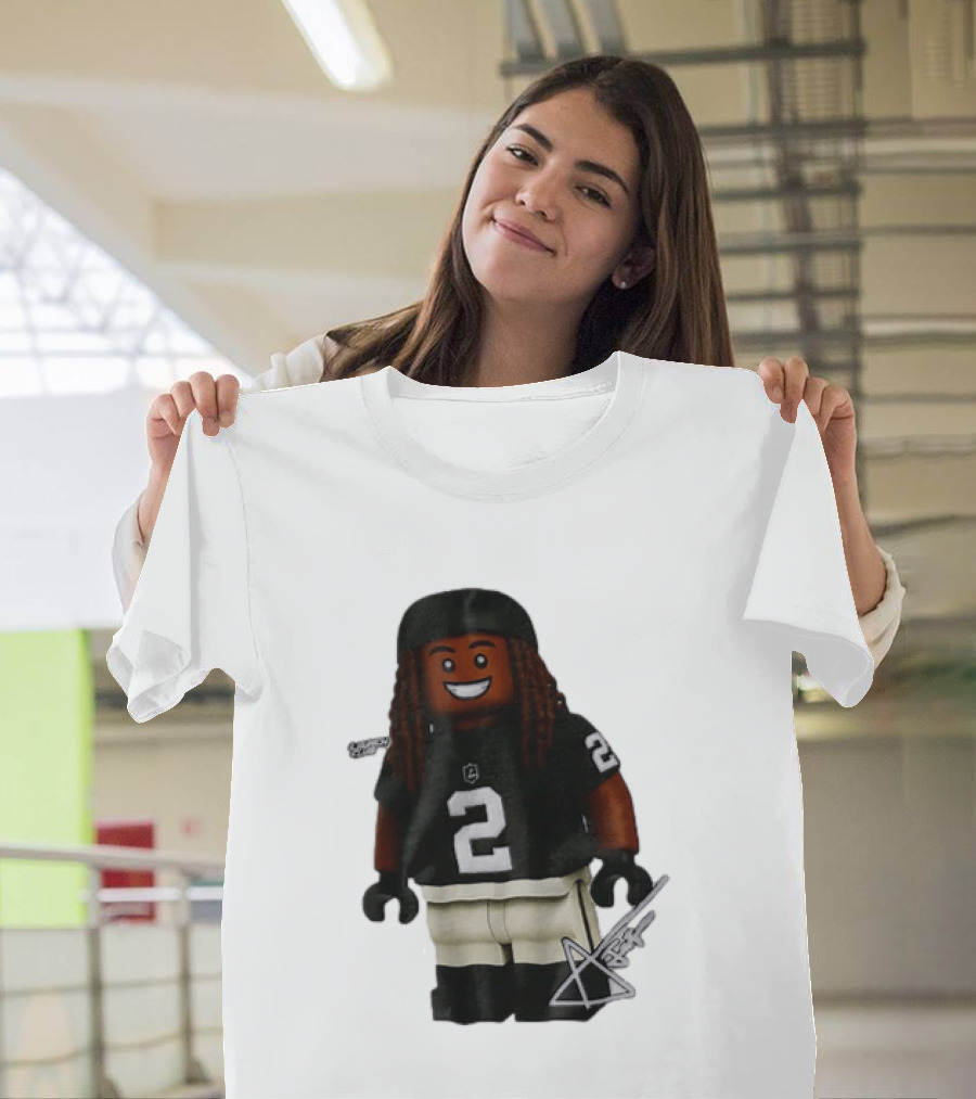 Las Vegas Raiders Running Back Ashton Jeanty 2 Lego Minifigure With Football Helmet T-Shirt
