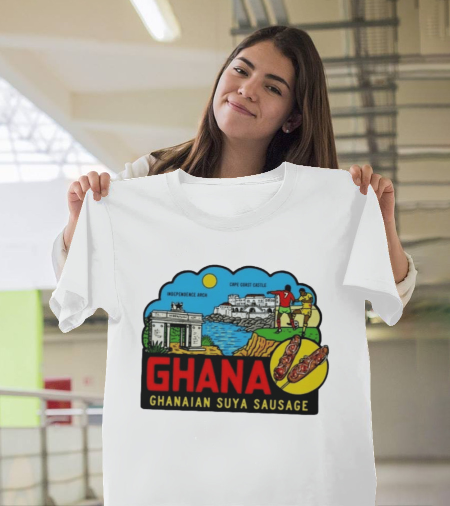 Ghana Cape Coast Castle Independence Arch Ghanaian Suya Sausage Soccer Scene T-Shirt