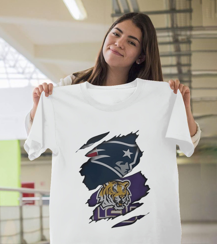 New England Patriots LSU Tigers Torn Fabric Tiger And Patriot Head Logos T-Shirt