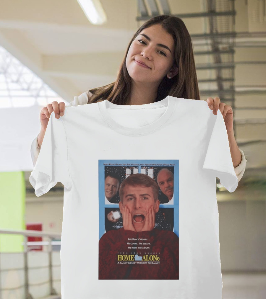Home Alone But Don't Worry He Cooks He Cleans He Kicks Some Butt John Hughes Movie Kevin McCallister T-Shirt