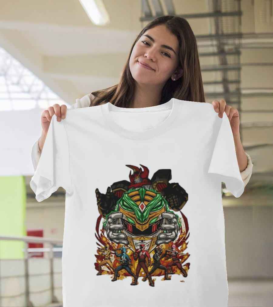 Mighty Morphin Power Rangers Green Ranger Dragonzord Helmet And Team Pose T-Shirt