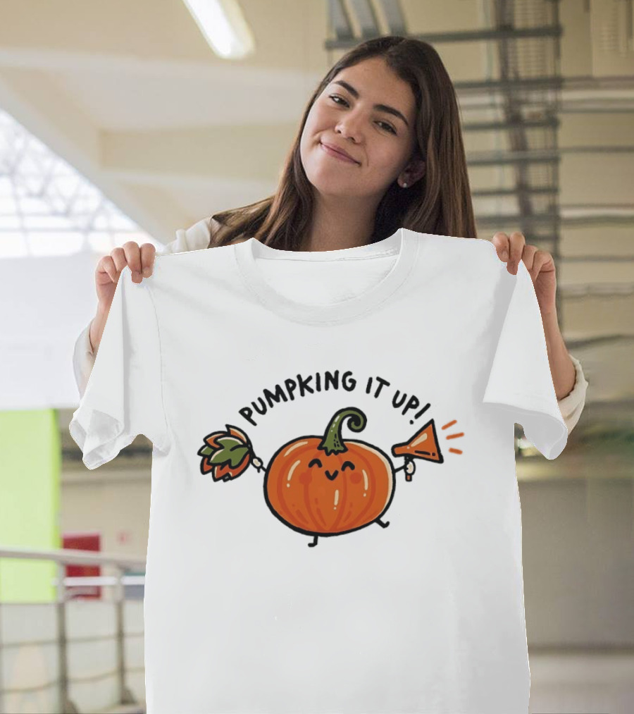 Pumpking It Up Pumpkin Cheerleader Cute Cartoon Holding Megaphone And Pom Pom T-Shirt