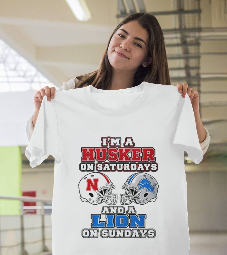 Husker On Saturdays And Lion On Sundays Football Helmets T-Shirt