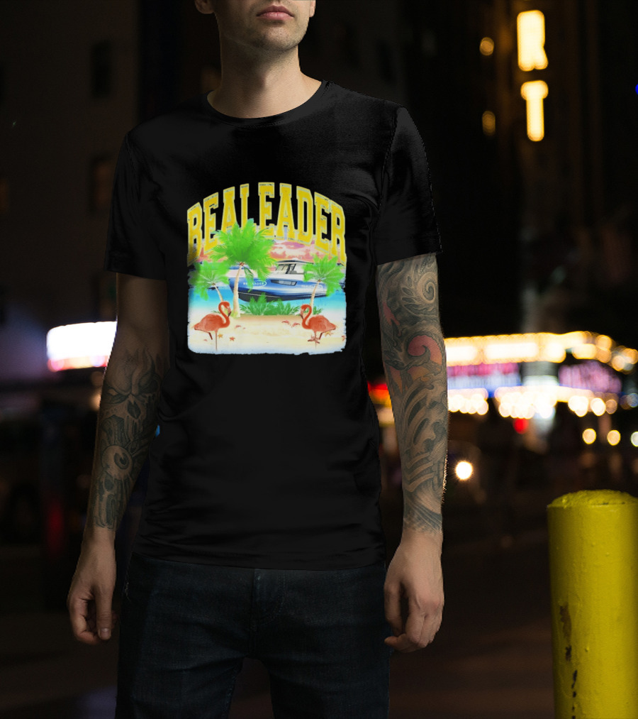 Bealeader Tropical Beach Scene With Palm Trees, Boat, And Flamingos T-Shirt