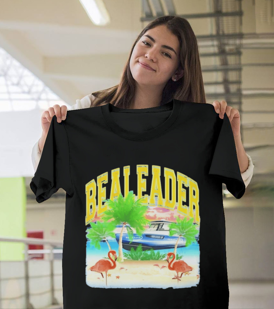 Bealeader Tropical Beach Scene With Palm Trees, Boat, And Flamingos T-Shirt