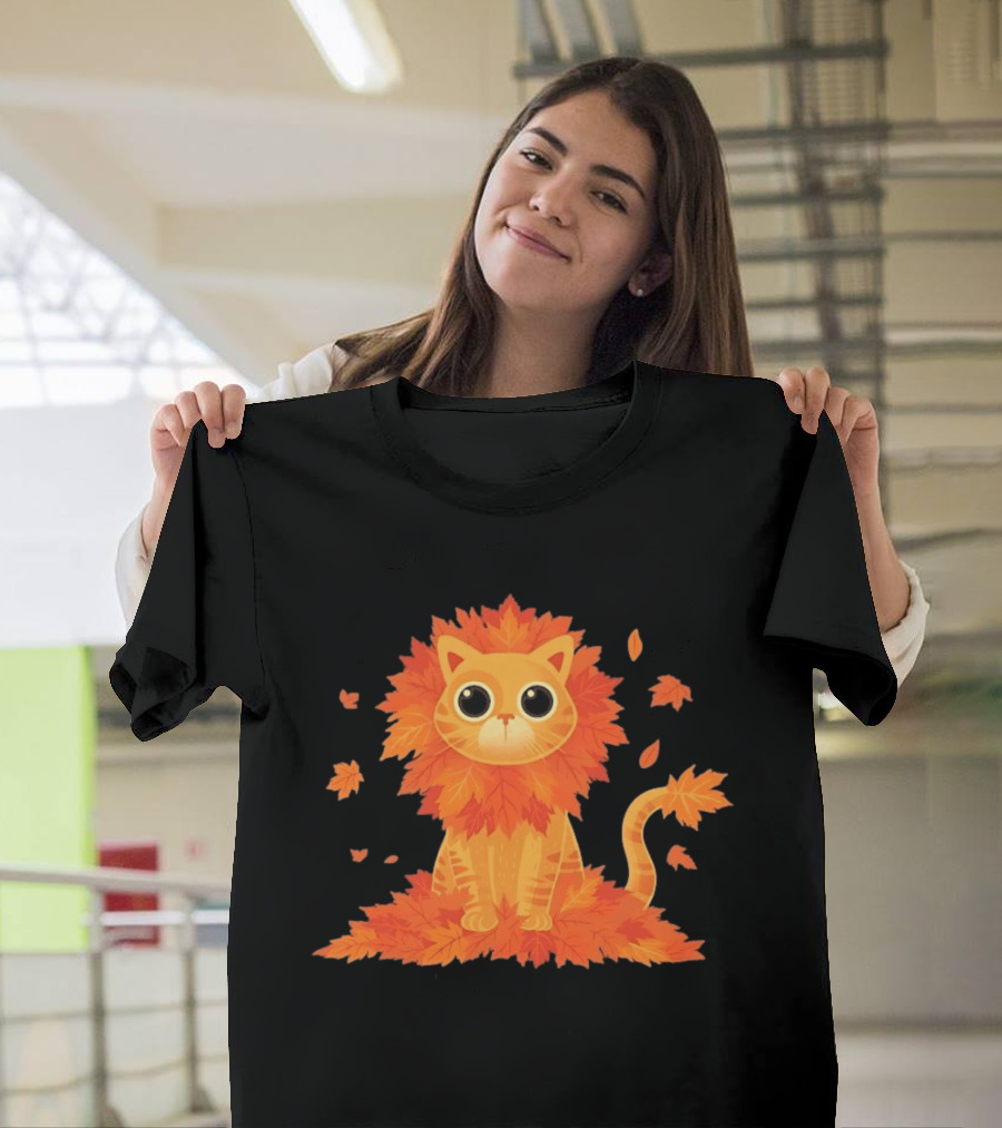 Cat With Autumn Leaves Mane Fall Lion Cozy Cute Kitty T-Shirt
