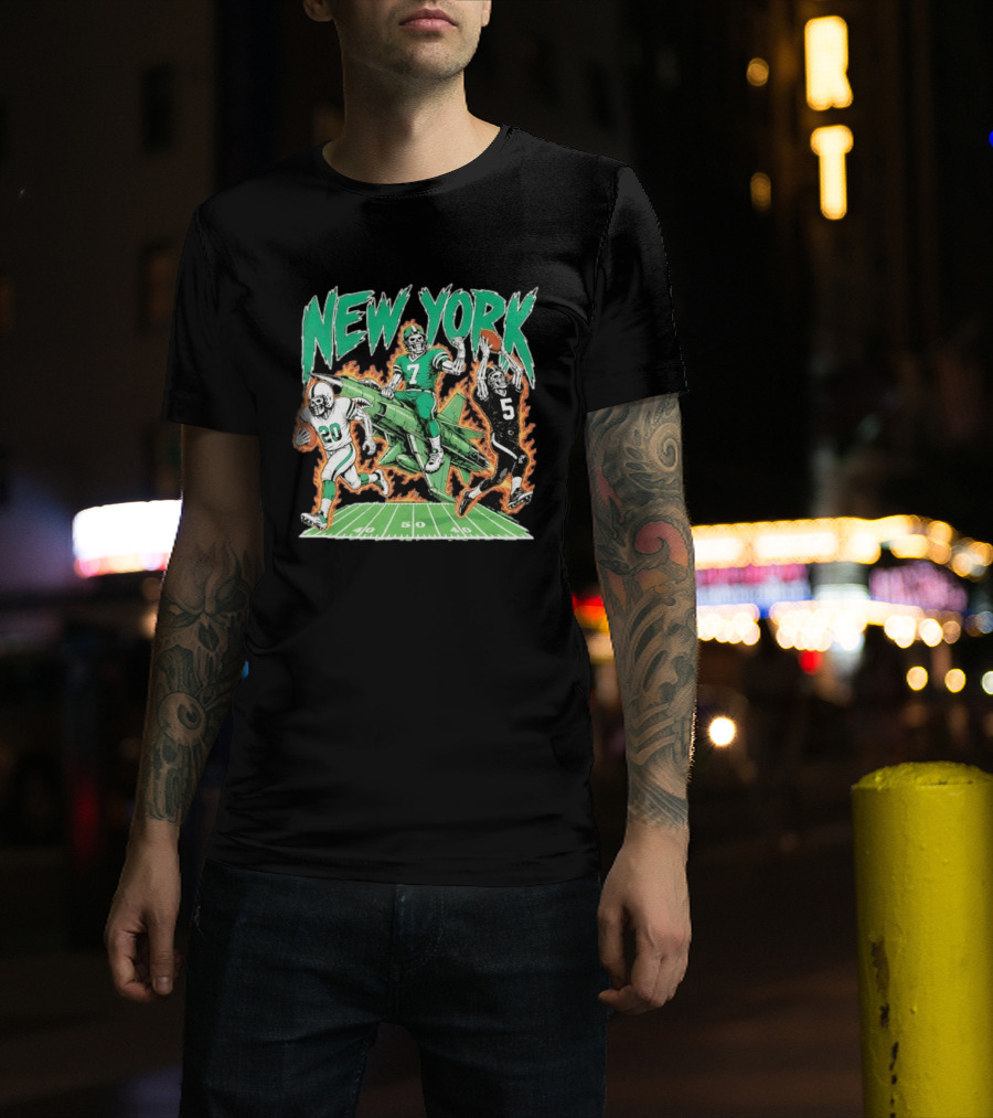New York Jets Skeleton Football Players With Jet And Field T-Shirt