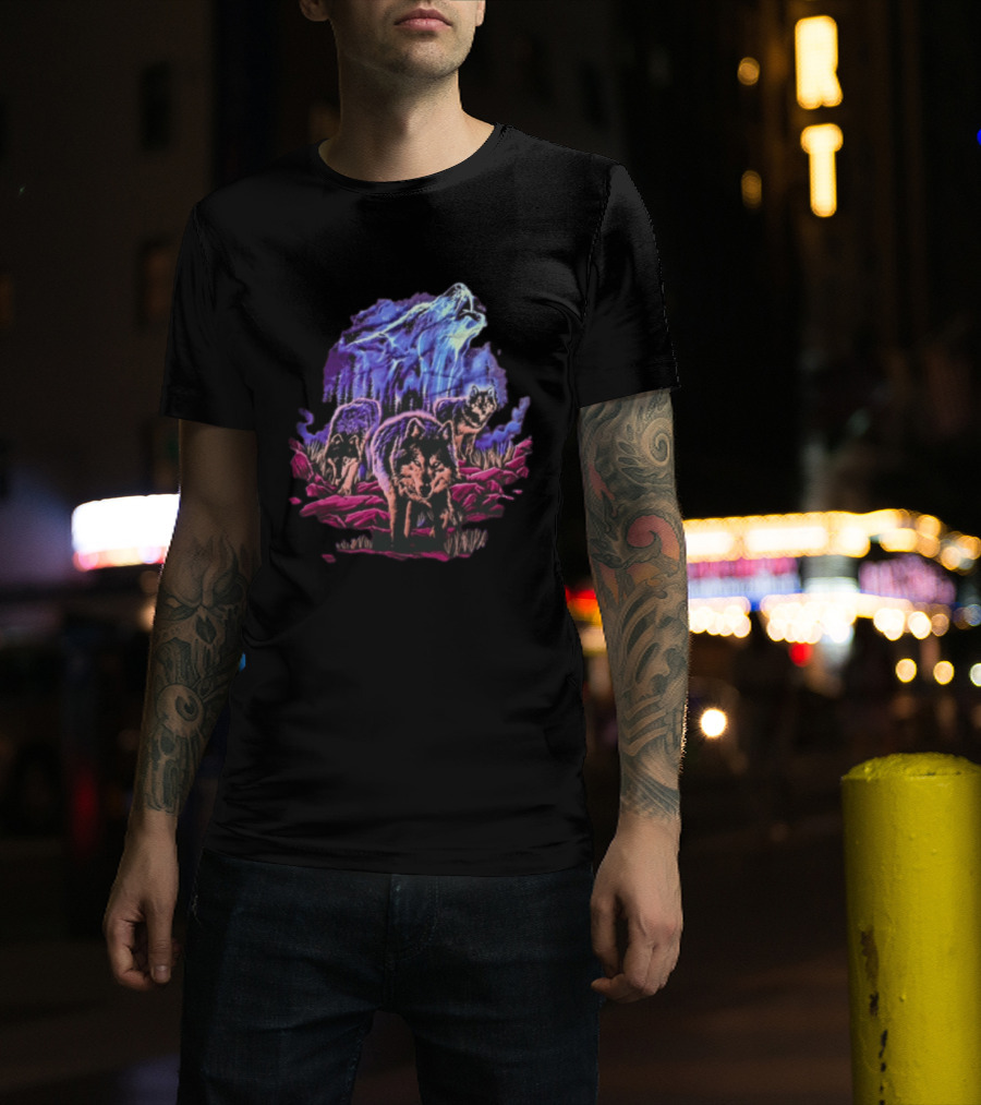 Odm San Diego 2000 Three Wolves Howling Celestial Northern Lights Woods T-Shirt