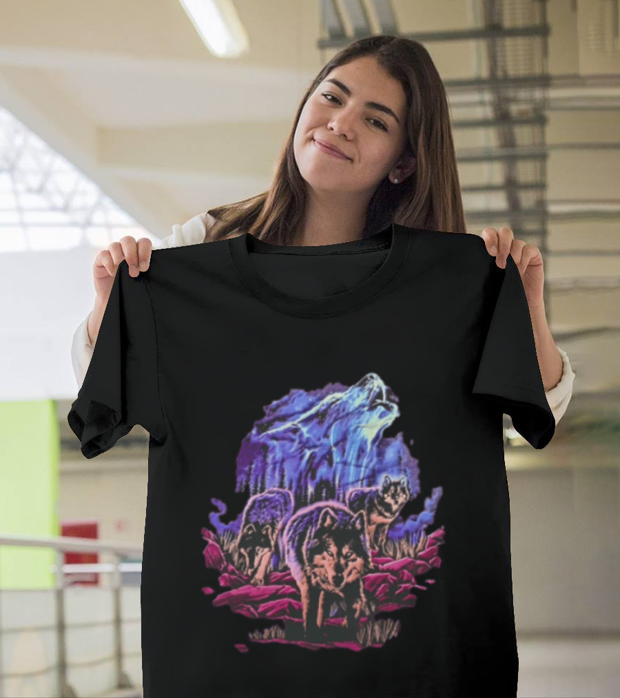 Odm San Diego 2000 Three Wolves Howling Celestial Northern Lights Woods T-Shirt