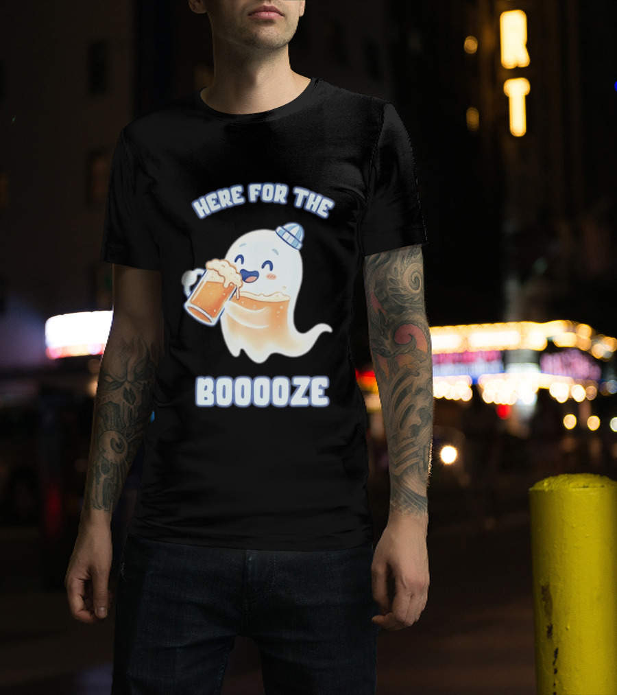 Here For The Booooze Ghost Drinking Beer Fun Halloween T-Shirt
