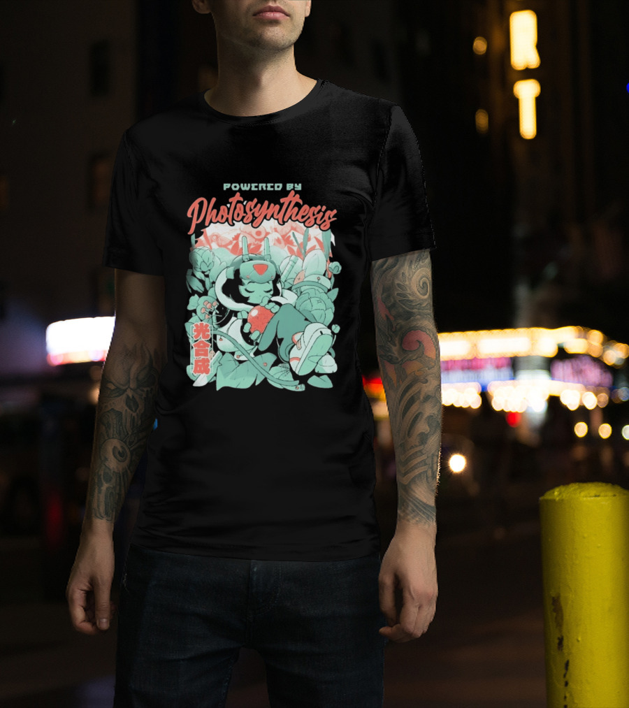 Powered By Photosynthesis Anime Kanji Characters And Cute Green Robot T-Shirt