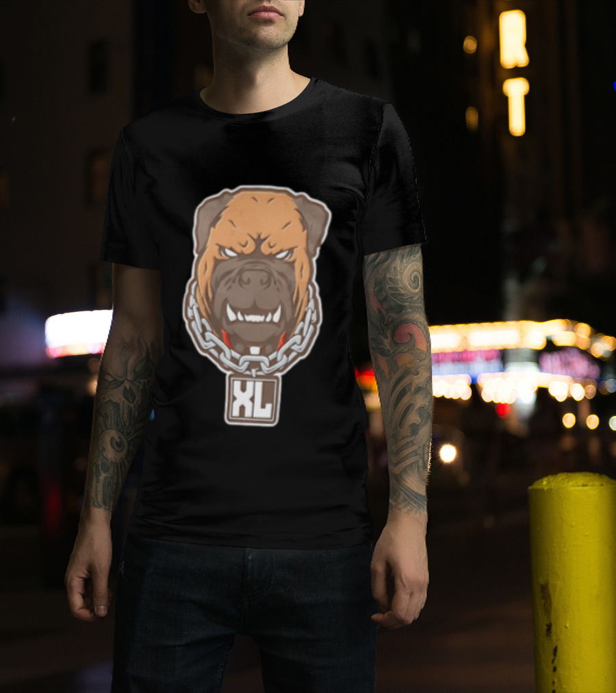 XL Angry Growling Dog Head Chain Collar Tag Cartoon Caricature T-Shirt