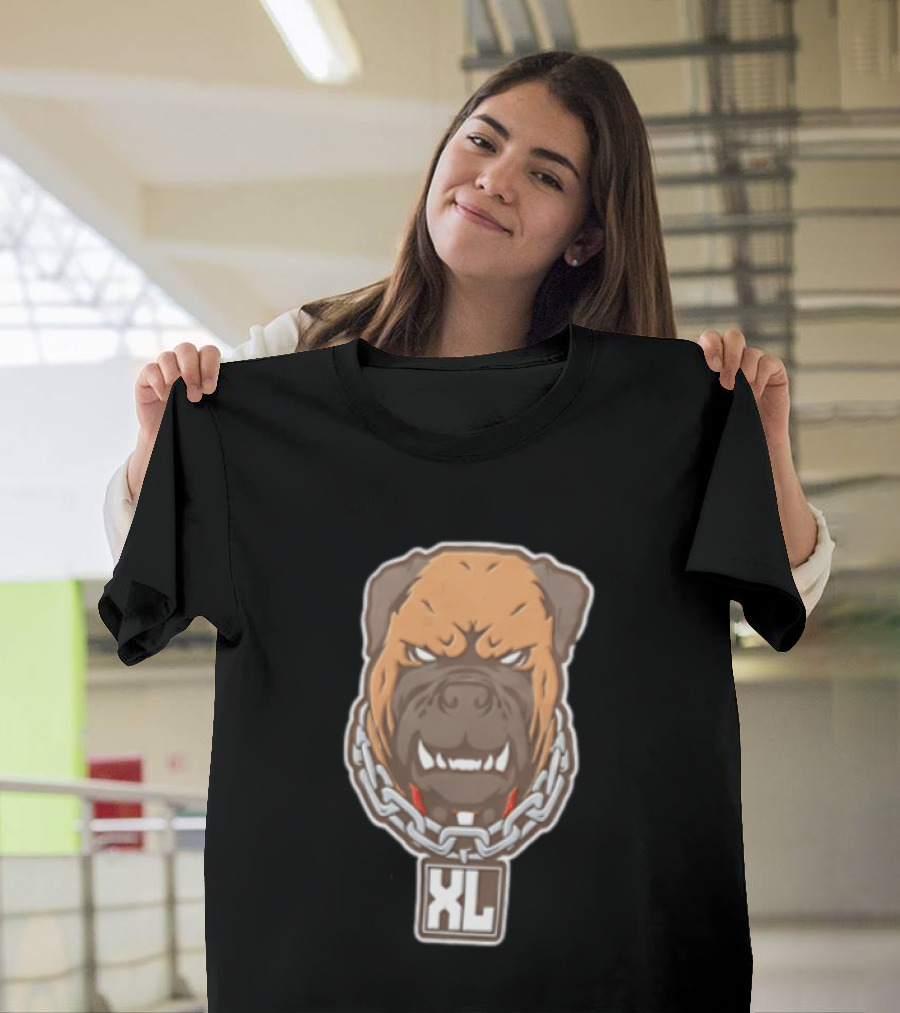 XL Angry Growling Dog Head Chain Collar Tag Cartoon Caricature T-Shirt