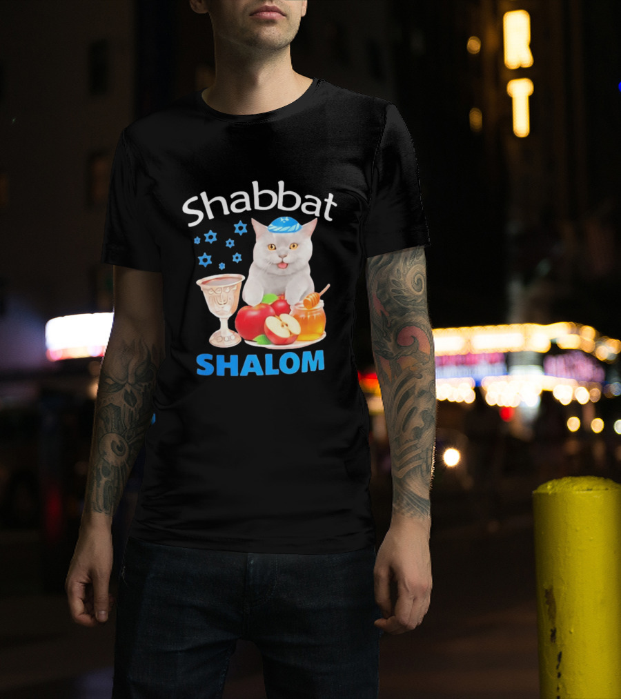 Shabbat Shalom Cat With Kippah Apples Honey And Wine Cup T-Shirt
