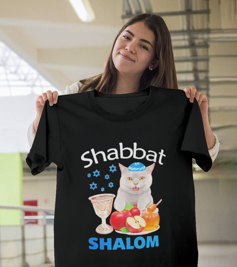 Shabbat Shalom Cat With Kippah Apples Honey And Wine Cup T-Shirt
