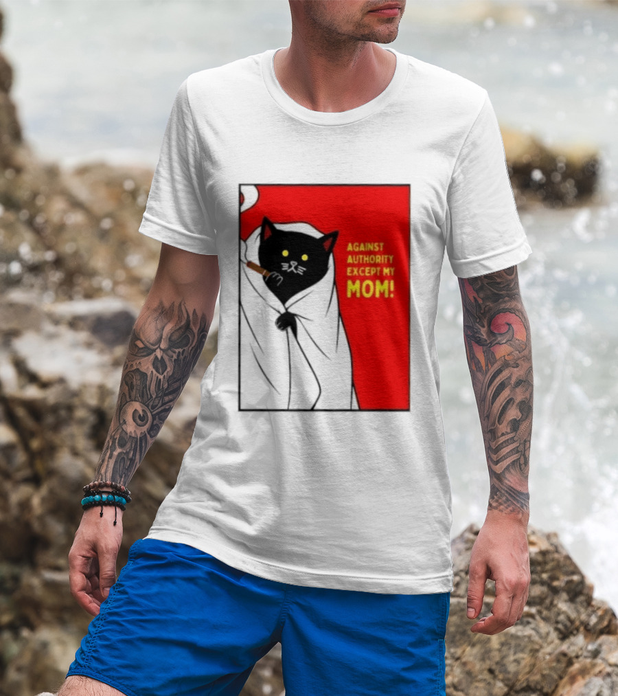 Black Cat Against Authority Except My Mom Smoking Cloaked Yellow Eyes Red T-Shirt