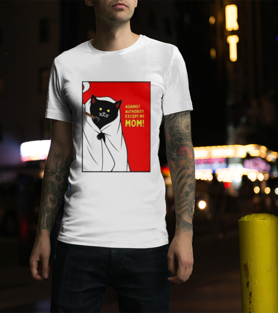 Black Cat Against Authority Except My Mom Smoking Cloaked Yellow Eyes Red T-Shirt