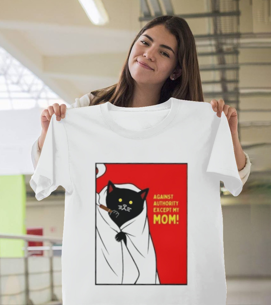Black Cat Against Authority Except My Mom Smoking Cloaked Yellow Eyes Red T-Shirt