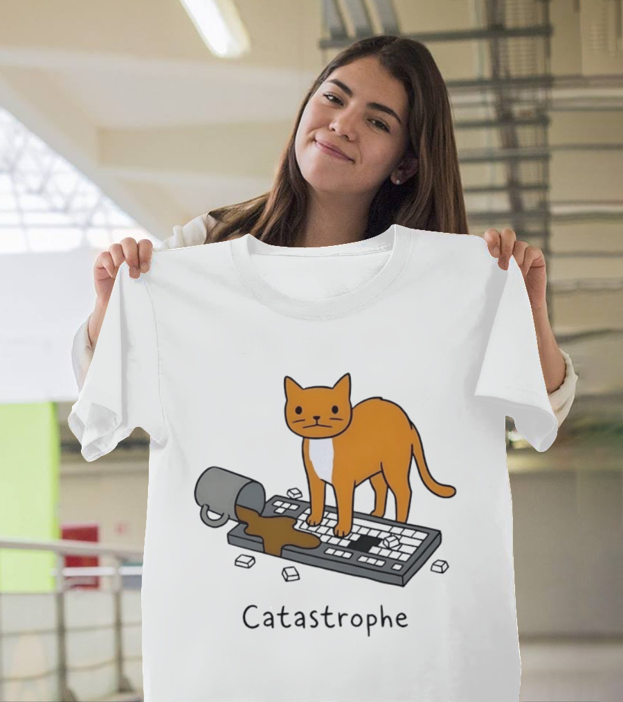 Catastrophe Orange Cat Spilling Coffee On Keyboard T-Shirt
