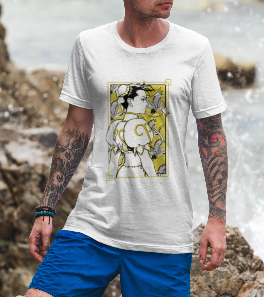 Chun Li Profile Flying Cranes Yellow Frame Line T-Shirt