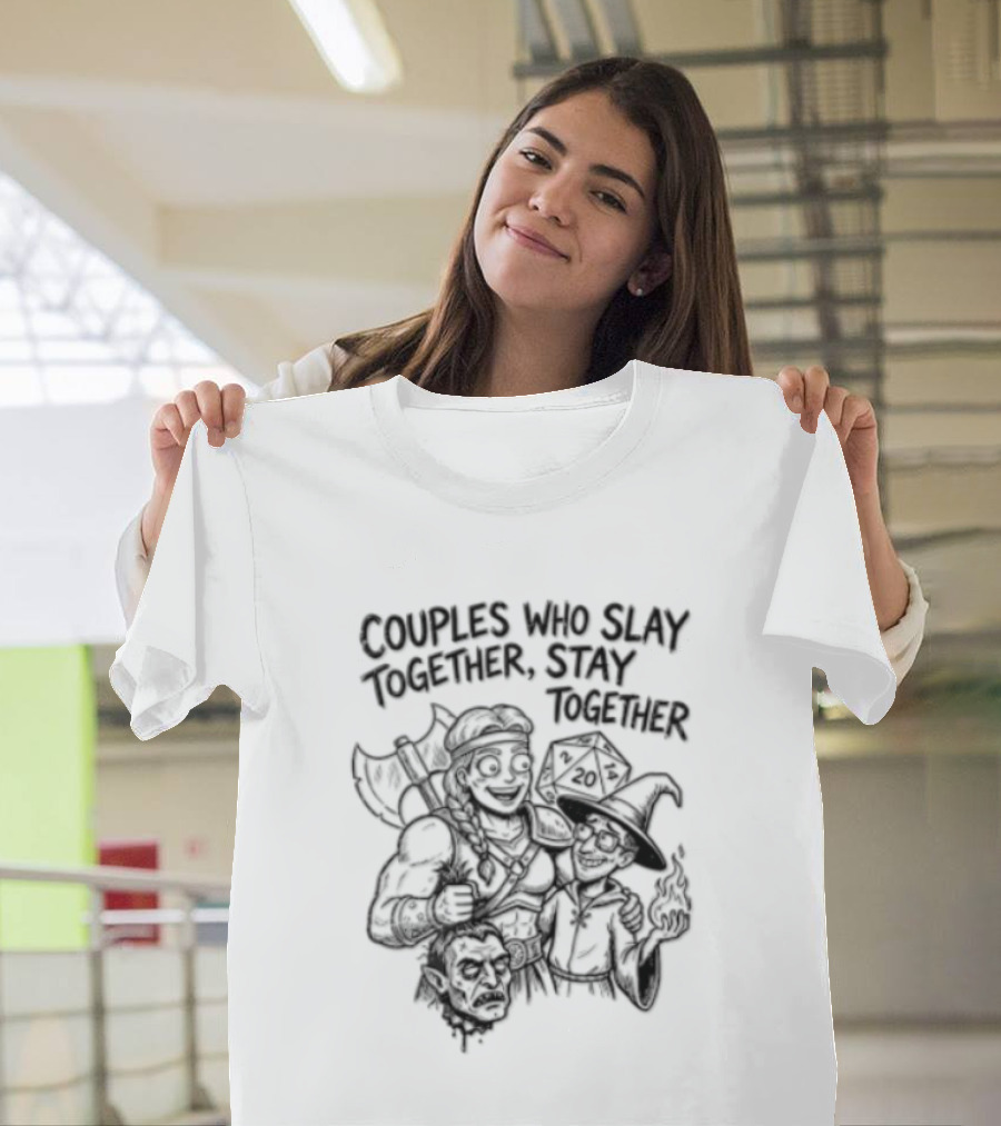 Couples Who Slay Together Stay Cartoon Barbarian Wizard D20 Orc Head T-Shirt