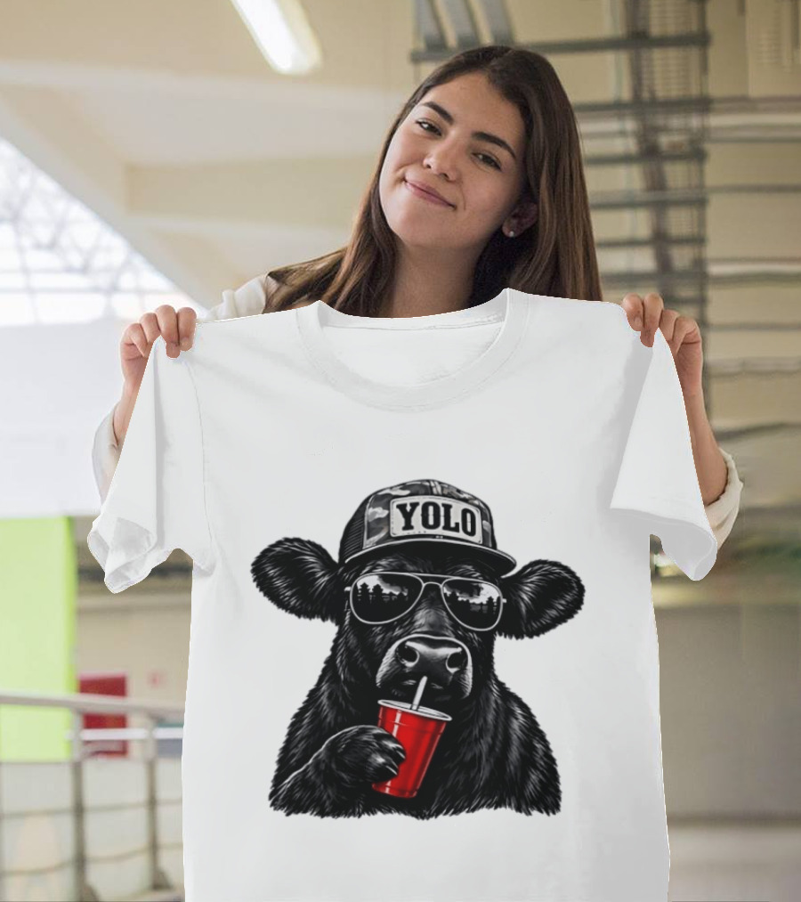 Cow With Yolo Camo Hat Sunglasses Red Cup T-Shirt