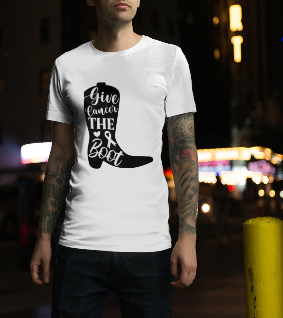Give Cancer The Boot Awareness Ribbon Western Cowboy Boot T-Shirt